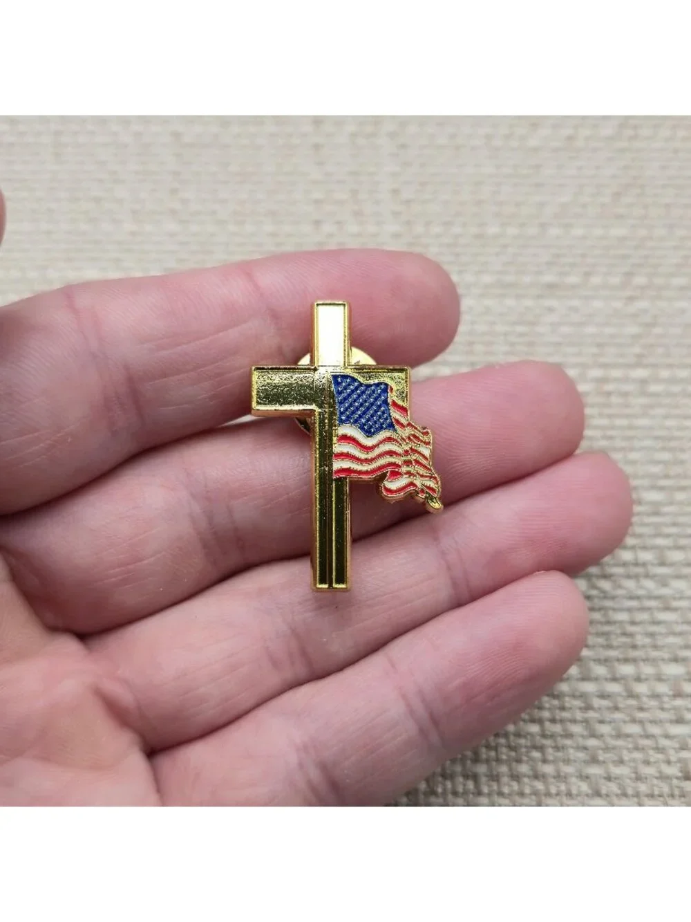 Christian Cross with Waving American Flag Patriotic Lapel Pin A8457